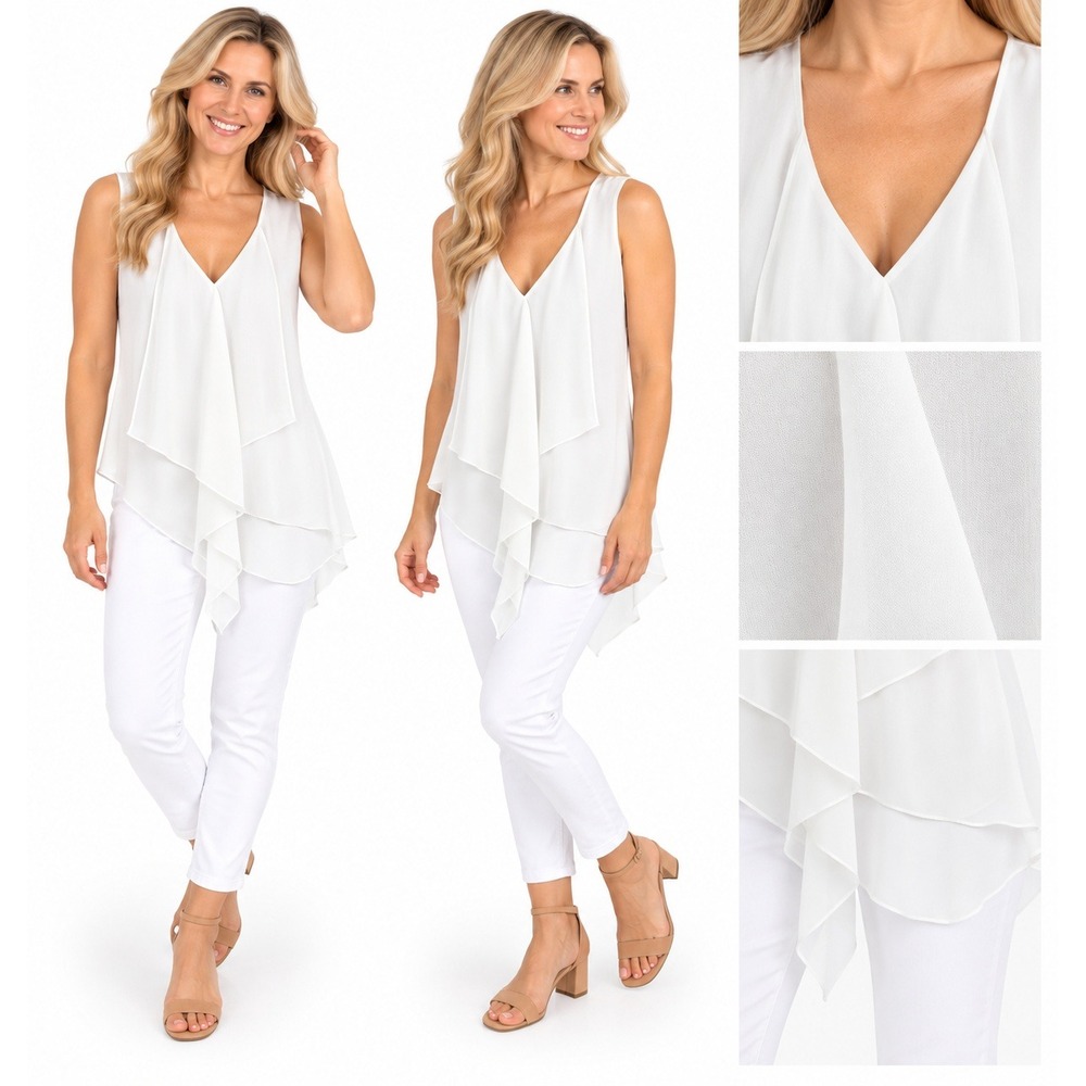 Venus Blouse S White Chiffon V Neck Handkerchief Hem Asymmetrical Ethereal Flowy